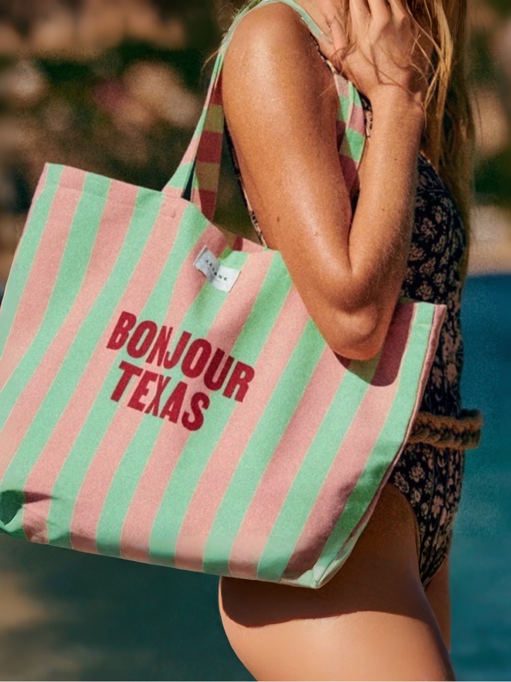 Sezane Pink and Mint Striped "Bonjour Texas" Canvas Tote